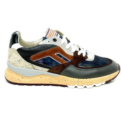 Floris van Bommel heren sneaker De Treener II leder en suède kaki, blauw en bruin