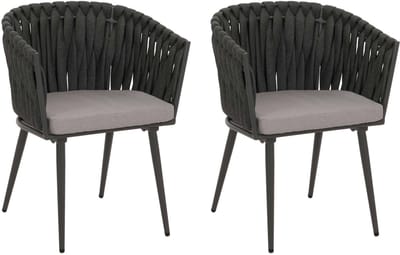 Set van 2 aluminium tuinstoelen MCW-N38, buitenstoel armleuning, Olefin rope weave Touw ~ antraciet kussen lichtgrijs