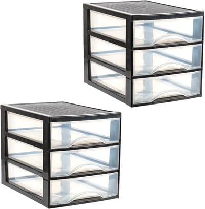 Plasticforte Ladekastje bureau organizer - 2x - 3 lades - zwart/transparant - H27 x B25,5 cm x D35 cm - kunststof