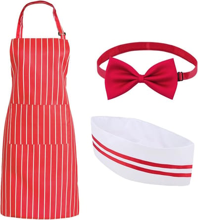 Set van 3 Schorten en Koksbuis, Verstelbare Antivlek Schorten voor Volwassenen, Keuken Schorten voor Bakken, Rood en Wit Gestreept, One Size