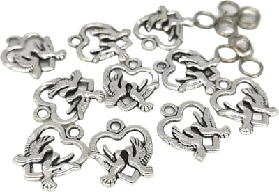 Tibetaanse Bedel Zilver Hartje met 2 Duifjes - 10 Bedels met Ringetjes - 15 x 18 mm - Metaal - Antiek Zilverkleurig