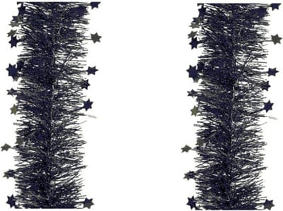 Decoris Kerstslinger - 2x stuks - sterren - zwart - 270 x 10 cm - lametta/folie - kerstboomslinger