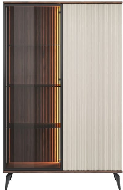 Vente-unique Vitrinekast 2 deuren met leds in MDF en gerookt glas - Beige en Donker naturel - JANEYA