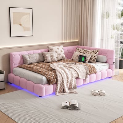DESMIU Gestoffeerd Bed 90x200cm - Slaapbank Met Verlichting En Oplaadfunctie - Hoofdbord Met Sfeerverlichting En Opbergruimte - Voor Slaapkamer En Woonkamer - Zachte Velvet - Roze - Zonder Matras