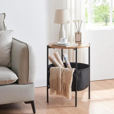 Ronde bijzettafel met opbergmand zwart en walnootkleur 59x47 cm