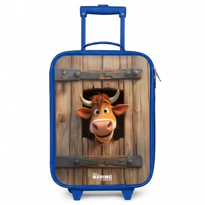 NoBoringSuitcases.com® - Kinderkoffer blauw - Kindertrolley jongen - Bruine stier steekt hoofd door houten deur - Koffer kind lichtgewicht - Reiskoffer trolley voor kinderen - Koffertje met lichtgevende wieltjes - Rolkoffer