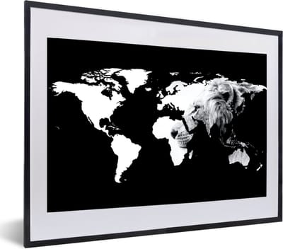 Poster in lijst - Fotolijst 60x40 cm - Posters - Wereldkaart - Zwart - Wit - Leeuw - Posterlijst zwart - Decoratie - Wanddecoratie woonkamer - Muurdecoratie slaapkamer