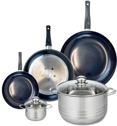 Set van 3 Koekenpannen 20, 28 en 32 cm en 2 kookpotten 12 en 24 cm Elo Prima Glanzend