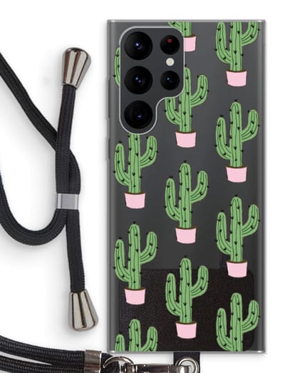 Case Company® - Hoesje met koord geschikt voor Samsung Galaxy S22 Ultra hoesje met Koord - Cactus Lover - Telefoonhoesje met Zwart Koord - Bescherming aan alle Kanten en Over de Schermrand