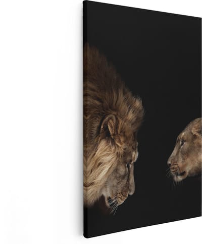 Artaza Canvas Schilderij Leeuwenfamilie - 20x30 cm - Klein - Wanddecoratie Dierenkop - Muurdecoratie Woonkamer - Kamer Accessoires