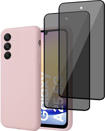 Geschikt voor Samsung Galaxy A25 - Hoesje + 2x Privacy Screenprotector – Privé Gehard Glas Cover - Suède Case Rose