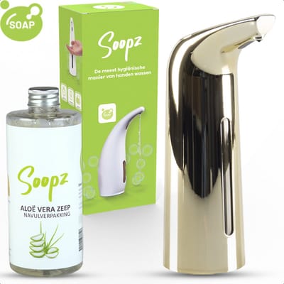 Soopz Automatische Zeepdispenser – Goud – Gold Shine Elegance – Zeeppompje met Bewegingssensor – Met Aloë Vera Zeep
