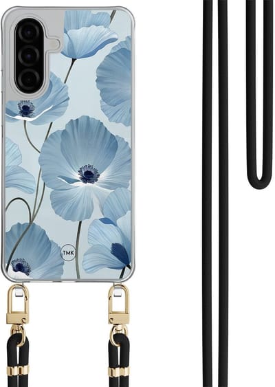Telefoonhoesje met koord geschikt voor Samsung A26 - Blauw bloemenveld - Inclusief Zwart koord - Transparant, Blauw - Bloemen - Crossbody beschermhoes - Met Telefoonketting