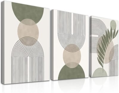 Ingelijste Canvas Wall Art Set van 3 - Boho Abstracte Prints in Groen en Beige - 30x40 cm - Geometrische Muurdecoratie voor Slaapkamer en Woonkamer