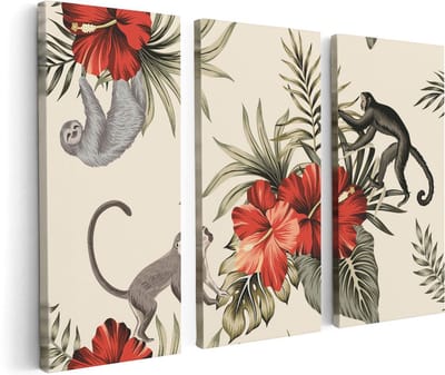 Artaza Canvas Schilderij Drieluik Tropische Bloemen Met Apen Achtergrond - 120x80 - Foto Op Canvas - Canvas Print