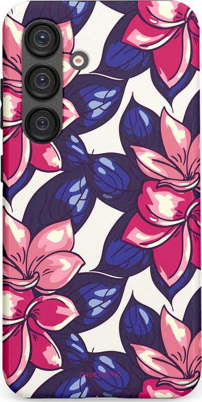 Casetastic hoesje geschikt voor Samsung Galaxy S25 - Dubbellaagse bescherming - Tropen paradijs - Fashion Case - Donkerblauw Roze Koraal Lila