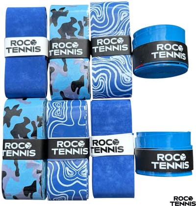 8 stuks | Roco Tennis Overgrips | Antislip | Dry | Zweetabsorberend | Uniek Patroon | Tennis | Padel | Badminton | Squash | Overgrip | Tennisgrips | Soft | Zacht | Blauw