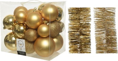 Kerstversiering kunststof kerstballen 6-8-10 cm met folieslingers pakket goud van 28x stuks - Kerstboomversiering