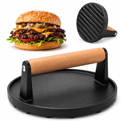 Tomec® Hamburgerpers van Gietijzer 1kg – Zwarte Burgerpers en Hamburgermaker voor Smash Burgers, BBQ en Grill