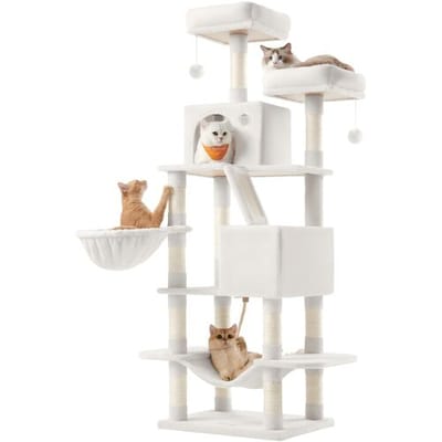 JOYFURNOS krabpaal, 168 cm grote kattentoren met 13 krabpalen, 1 krabtrap, 2 ligplateaus, 2 kattenhuisjes, mandje, hangmat, pompons, crèmewit