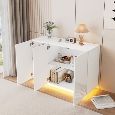 REDOM Hoogglans LED-sideboard 120×40×75 cm – wit, minimalistisch design, 16-kleur Bluetooth LED, softclose deuren, 60 kg draagvermogen