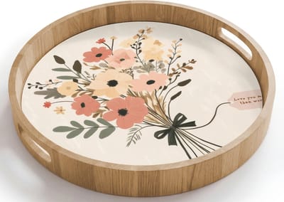 Dienblad rond 40x40 cm - Schootdienblad hout - Bloemen - Quote - Beige - Lint - Borrelplank rechthoek - Plateau houten dienbladen