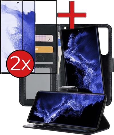 Hoesje - 2 in 1 - Geschikt voor Samsung Galaxy S22 Ultra - Met 2x Screenprotector - En Uitneembare Hard Cover - Kunstleer - Bookcase - Wallet Case - Met Pasjeshouder - Book Case - Uitneembaar - Pashouder - Kunstleer - Telefoonhoes - Zwart