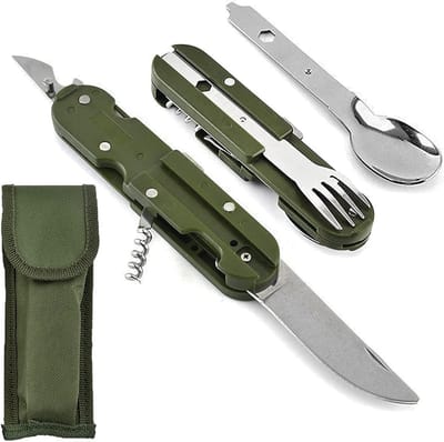 Multifunctionele Vouwbare Bestekset, 5-in-1 Kampeerbestek, Outdoor Survival, Opvouwbaar RVS Bestek met Opbergtas voor Kamperen, Wandelen en Picknicken