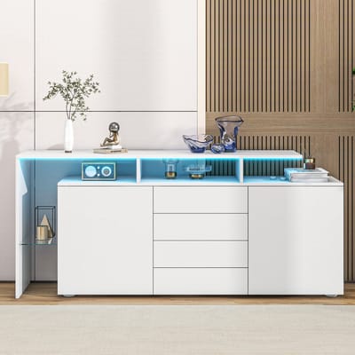 Pugsdrly Commode, dressoir met ledverlichting, woonkamermeubels in hoogglans wit, woonkamerkast, staande kast, tv-kast, woonkamermuur, highboard, multifunctionele kast, ledvitrine, buffetkast eetkamer