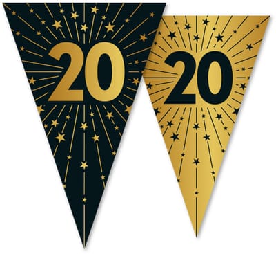 Vlaggenlijn 20 jaar zwart / goud 10 meter 2 zijdig bedrukt - Verjaardag Feestje Vlag Vlaggen Versiering Slinger Feestdecoratie Decoratie