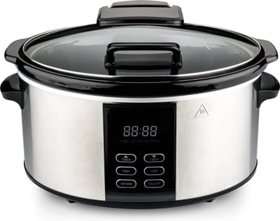 TIM® Slowcooker met Timer - Crockpot - Stoompan - Inclusief Warmhoudfunctie - 6 Liter - Zilver/Zwart - 40cm x 32cm x 24cm
