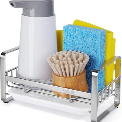 QTTVBTNA Keukenspons Houder – Opbergrek - Roestvrij Staal – Zeep Dispenser Organizer – met Verwijderbare Lekbak