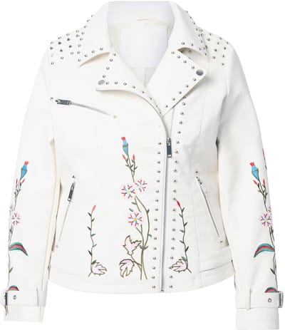 MIAMODA - Dames - Bikerjas leren look borduursels en sierstuds - Off-white - Maat 46