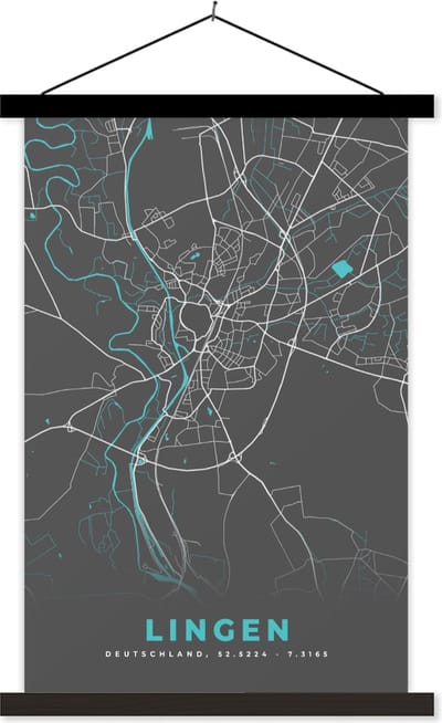 Posterhanger incl. Poster 120x180 cm - Schoolplaat - Stadskaart – Kaart – Lingen – Blauw – Duitsland – Plattegrond - Textielposter - Zwarte latten - Stadskaart