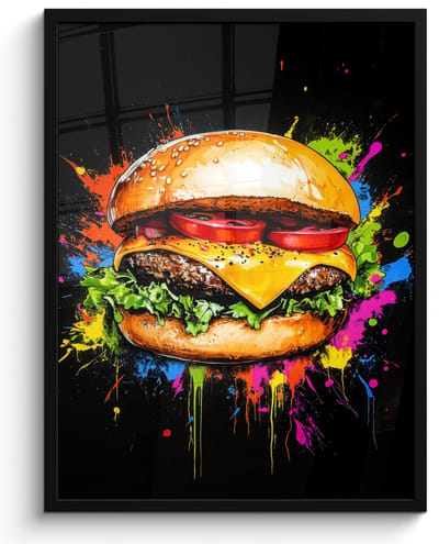 Poster in lijst - Fotolijst 50x70 cm - Posters - Hamburger - Graffiti - Verf - Kleurrijk - Eten - Abstract - Posterlijst zwart - Decoratie - Wanddecoratie woonkamer - Muurdecoratie slaapkamer