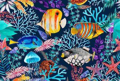Fotobehang Underwater2 DD119749 A.S. Création ARTist Blauw Kleurrijk Vlies 270 x 400 cm (4 delen) 3D Fotobehang op maat
