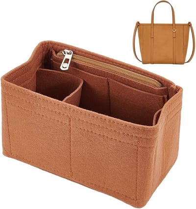 Famanu – Handtas-organizer van vilt - vilten inzetstuk voor draagtas met ritssluiting - rechthoekige portemonnee-organizer - tas in zak - meerdere vakken - binnenvorm - 18 x 9 x 11 cm - camel