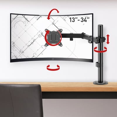 Barkan Monitor Arm - Monitorstandaard voor 1 scherm van 13"/ 34" - Flat & Curved Monitoren - Zwart