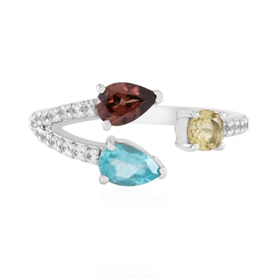 Cavill - Zilveren ring - 925 Sterling Zilver Geplatineerd - Blauwe Apatiet 0,35 ct Peervorm - Roze Zirkoon & Gele Beril - Open Design Edelstenen Ring