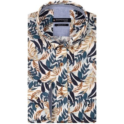 Giordano Overhemd Ivy Linnen Look Bold Leaves Pattern Navy-Multi / male