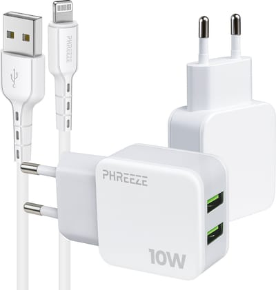 Phreeze usb stekker 5V 2A geschikt voor iPhone en iPad met USB naar Lightning kabel - 10w power adapter met 2 usb poorten