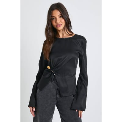 boohoo Dames Blouse met uitlopende mouwen en gouden afwerkingsdetails | Black | Maat: 6