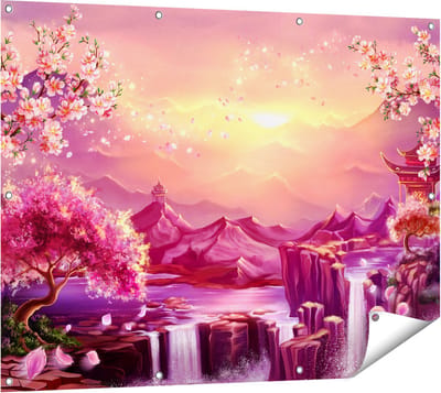 Gards Tuinposter Illustratie van Watervallen met Bloesems - 120x90 cm - Tuindoek - Tuindecoratie - Wanddecoratie buiten - Tuinschilderij