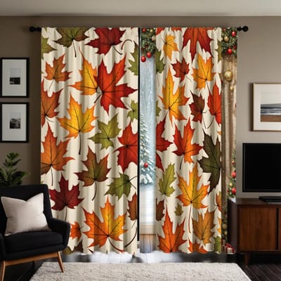 2 pièces de rideau décoratif feuille d'érable d'automne HD Jaune à nouer rideau imprimé numérique décoration de style décoration de maison liv W52H63inchW132H160cm beige