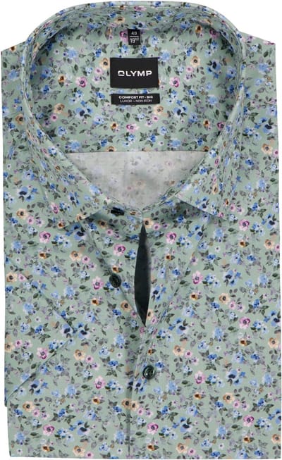 OLYMP Luxor comfort fit Big overhemd - korte mouw - dobby - groen met blauw en roze bloemetjes dessin - Strijkvrij - Boordmaat: 50 (EU maat: 4XL)
