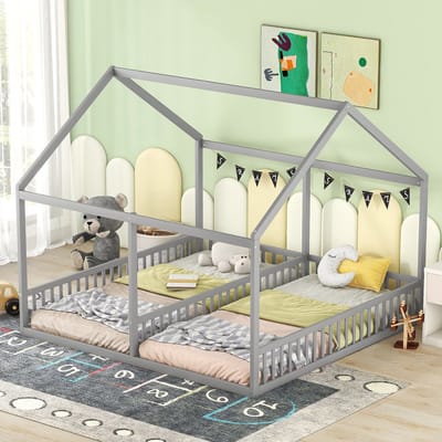Sweiko Kinderbed, 2-in-1 bed, 90 x 200cm Eenpersoonsbed, Plat bed, huismodel, met beschermende grille,Grijs(Geen matras)