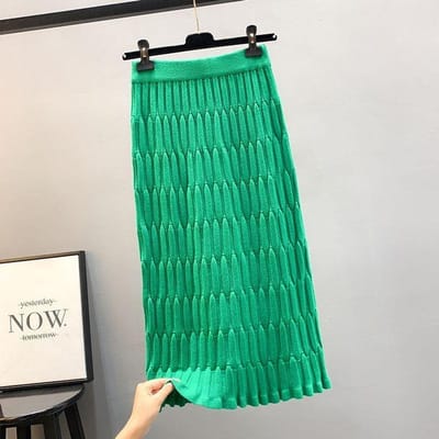 Jupe tube droite tricotée pour femme, style mi-long, ample, décontractée, à rayures, taille haute, plissée, avec fesses enveloppées, hiver S blue