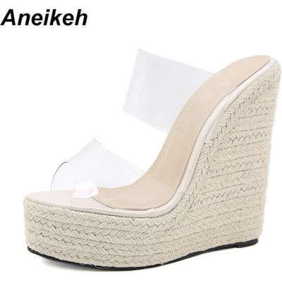Aneikeh Zomer Dames Schoenen Slippers Slides PVC Beknopt Platform Sleehakken Instappers Feest Ronde Neus Maat 35-42 Wit 39 white