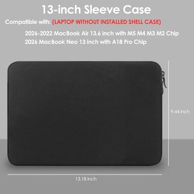 13-inch laptophoes voor 2026-2024 MacBook Air 13,6 inch met M5 M4 M3-chip & MacBook Neo 13 inch 2026 (A18 Pro) Accessoire Reis Draagtas Hoes Waterbestendige Case (Zwart)