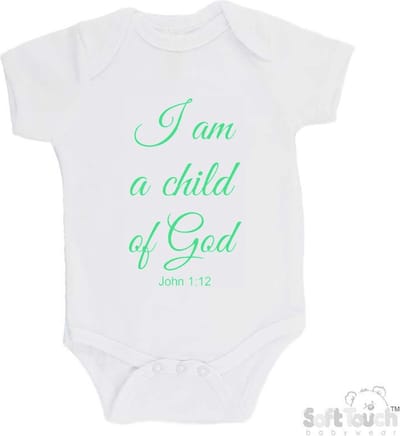 100% katoenen Romper "I am a child of God John 1:12" Unisex Katoen Wit/mint Maat 56/62